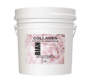 A white bucket labeled "Pro Collagen Marine Day Cream" with the brand name "BIAN." The label features a mountainous landscape and mentions it is suitable for dry and mature skin types